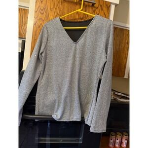 Sparkle Glitter Long Sleeve V Neck Top Shirt Women's Silver‎